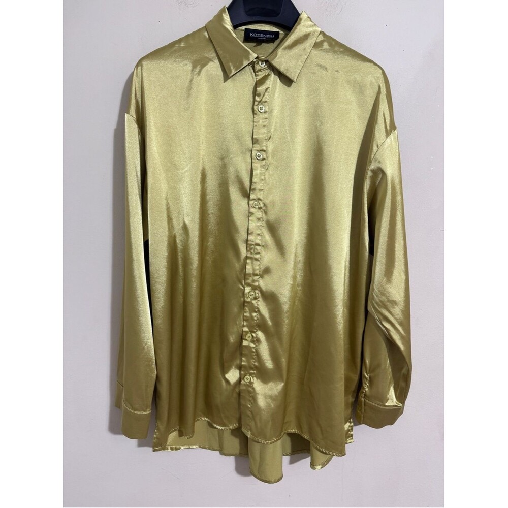 Kittensish Chartreuse Satin Button-Up Shirt Women's size XL dopamine night out